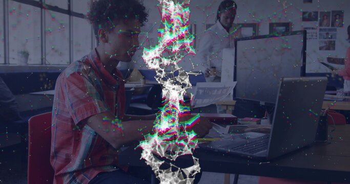 Reviewing woman in plaid shirt examining document at office with laptop, glitch overlay, copy space