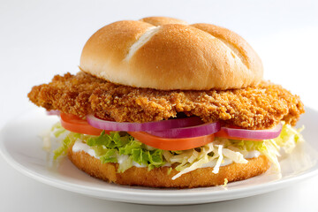 Delicious Breaded Pork Tenderloin Sandwich with Fresh Vegetables and Soft Bun
