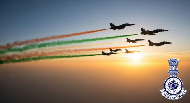 Formation of indian air force fighter jets flying in formation, leaving trails of orange, white, and green smoke