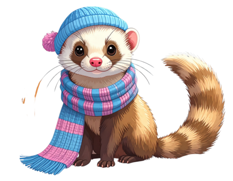 Ferret Wearing Tiny Winter Hat and Scarf, sitting pose, isolated