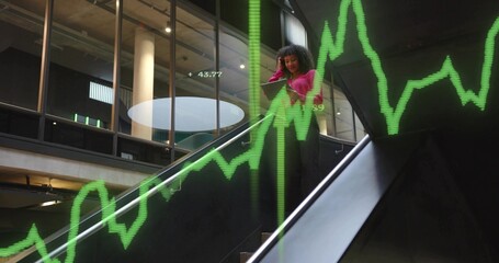 Woman descending escalator in office wearing pink blazer with tablet smartphone, green line overlay