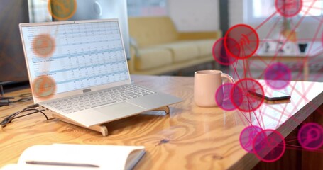 Displaying laptop showing spreadsheet on table in lounge area, with smartphone and network overlay © vectorfusionart