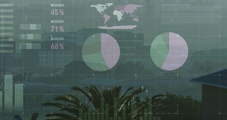 Displaying two pastel pie charts overlaying waterfront scene with world map graphic and bar charts
