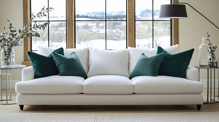 Modern Minimalist Luxury Winter Living Room with Teal Accents Applicable to Home furnishing brand marketing, interior design industry material library