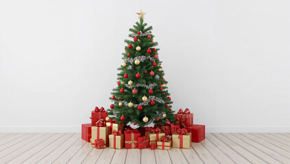 Christmas tree decorated with ornaments and wrapped gifts