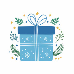 blue Christmas gift. Naive style kid's drawing. 