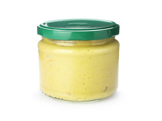 Jar of mustard sauce isolated on white