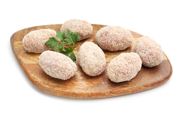 Uncooked meat patties and parsley isolated on white