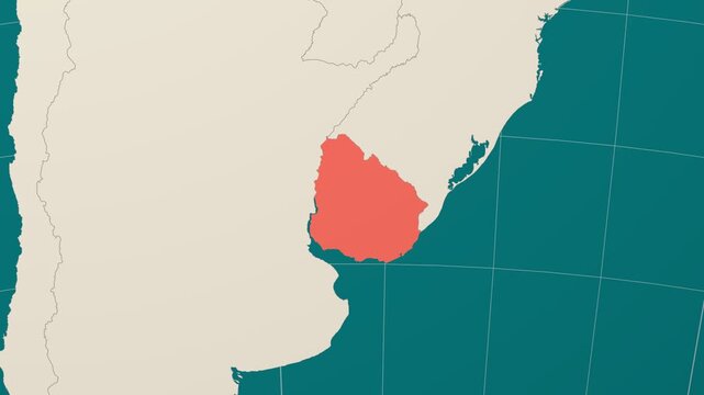 Uruguay map. Animated zoom into the country on the Globe in Teal Pale Mint color palette. Country logo animation. Map with meridians, parallels. Creative video.