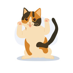 kawaii chubby kitten with paws up and tongue out. playful cute calico cat