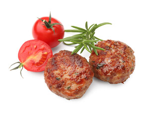 Roasted meat patties, tomatoes and rosemary isolated on white
