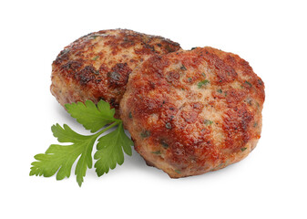 Delicious meat patties with parsley isolated on white