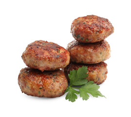Delicious meat patties with parsley isolated on white