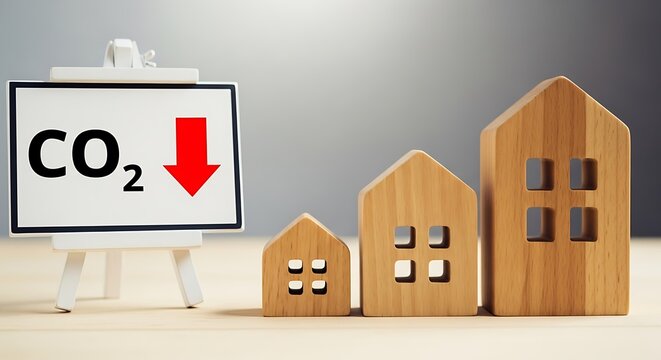 Wooden house models are placed next to a whiteboard with the inscription co2 and a red arrow pointing down, symbolizing the reduction of carbon dioxide emissions