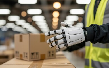 Robot hand reaching for a cardboard box in a warehouse with a worker in a safety vest nearby