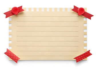 A blank sheet of cream note paper taped with a red tape for writing, notes, reminders. Speech bubble, bubble text, banner, card, template, sign, png, chat, talk, element.