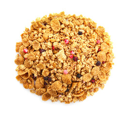 Pile of tasty granola with dried berries isolated on white, top view