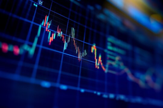 Candlestick graph with upward trend line on blue stock market chart monitor close-up