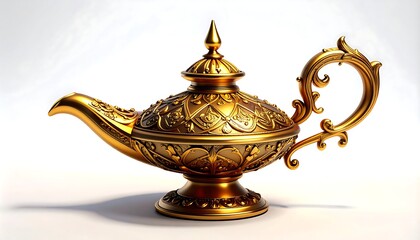 Ornate gold lamp with intricate floral designs and a curved handle sits on a white surface, casting a soft shadow