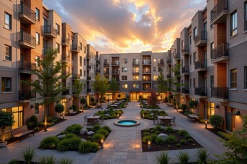 Fototapeta premium Modern apartment complex courtyard with landscaped gardens at sunset.