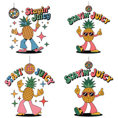 Funky pineapple characters dancing and grooving with disco ball and stars vector