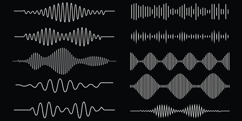 Podcast sound waves and audio soundwave of voice message records, vector icons. Podcast sound waves for online audio streaming and podcasting or music player and mobile phone voice message soundwaves