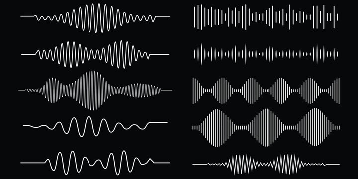 Podcast sound waves and audio soundwave of voice message records, vector icons. Podcast sound waves for online audio streaming and podcasting or music player and mobile phone voice message soundwaves