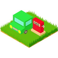 Green Isometric Car at a Red Gas Station on a Grassy Square Detailed Pixel Art Style