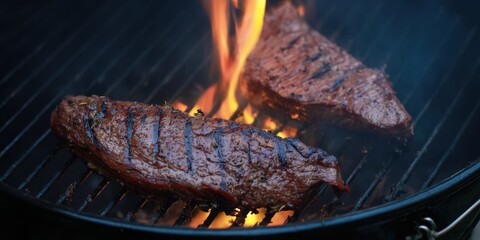 Grilling steak over hot flames on barbecue grill