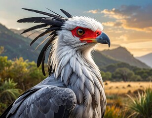 Portrait of a striking bird with red and black feathers in a savanna