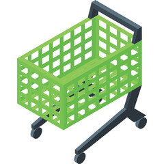 Green Isometric Shopping Cart With Black Frame and Wheels Isolated on Transparent Background Ideal for E-commerce and Retail Design