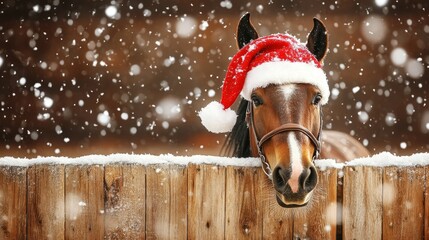 Charming Horse Wearing Santa Hat Over Wooden Fence in Snowy Rural Landscape with Barnyard Cheer