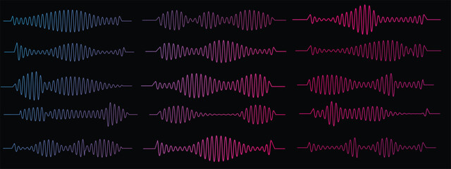 Podcast sound waves. Audio waveforms line icons, sound wave frequency or voice microphone signals. Music, podcast and broadcast, UI and audio branding design. Isolated vector set