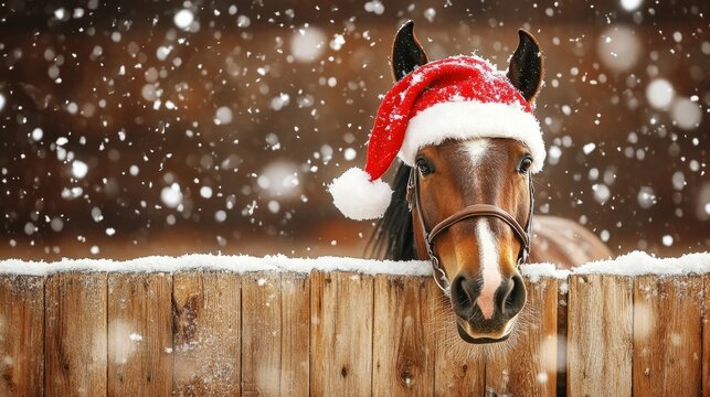 Charming Horse Wearing Santa Hat Over Wooden Fence in Snowy Rural Landscape with Barnyard Cheer