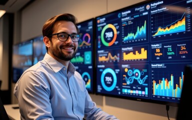Smiling man in glasses analyzing data on multiple screens in a modern office.