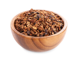 Tasty granola with chocolate chips in bowl isolated on white