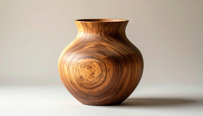 Handmade wooden vase on neutral background, smooth surface and natural wood grain