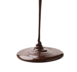 Pouring tasty melted chocolate on white background