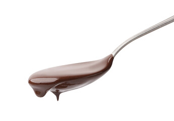 Tasty melted chocolate flowing down from spoon on white background