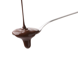 Tasty melted chocolate flowing down from spoon on white background