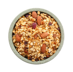 Tasty granola with dried fruits and nuts in bowl isolated on white, top view