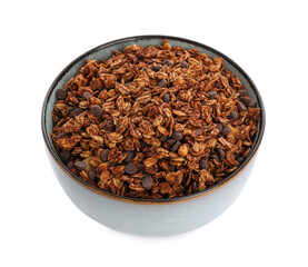 Tasty granola with chocolate chips in bowl isolated on white