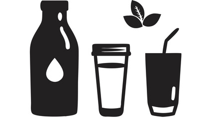 Black and white vector image of a milk bottle, cup with lid, glass with straw, and leaves illustration created with generated ai