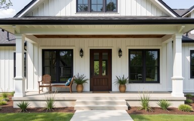 Obraz premium Modern house entrance with porch, windows, and landscaping, featuring a cozy atmosphere.