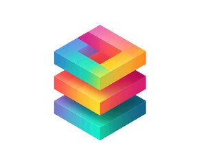 Stacked isometric squares, a gradient-colored geometric design, creates an optical illusion against a stark black background