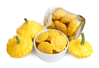 Fresh and pickled pattypan squashes isolated on white