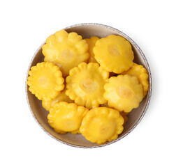 Pickled pattypan squashes in bowl isolated on white, top view