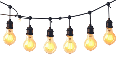 String of warm, glowing light bulbs hanging from a dark wire against a black background, radiating soft ambient light