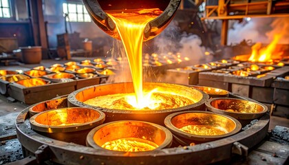 Molten metal cascades into molds, creating glowing hues in a workshop setting