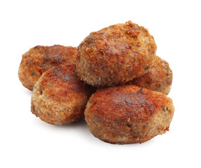Many tasty meat patties isolated on white
